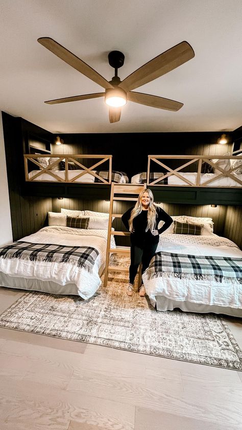 Cabin Queen Bunk Beds, Farmhouse Bunk Beds Guest Rooms, Queen Bed With Twin Bunk, Lake Bunk House, Bunk Bed And Queen Bed In One Room, Twin Bed Bunk Room, Bunk Beds For Guest Room, Queen Bed And Bunk Beds In One Room, Bunk Room With Low Ceiling