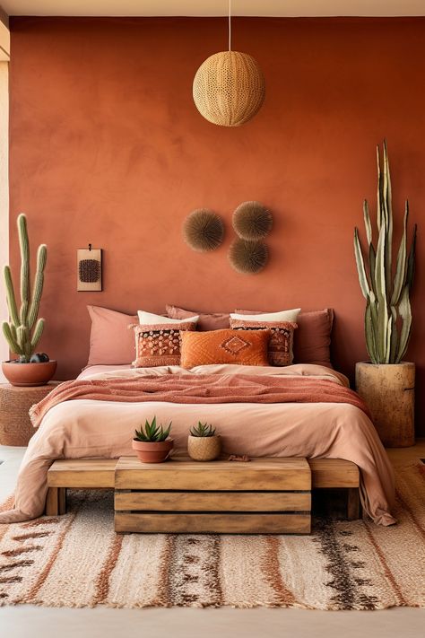 Embracing natural elements, this Modern Boho Bedroom features warm terracotta walls. A live-edge wooden bed frame and nightstand take center stage, accompanied by succulents and cacti sitting on floating wooden shelves. A geometric Southwestern rug and a leather pouf complete the ensemble. Mexican Bedroom, Terracotta Bedroom, Peach Bedroom, Modern Boho Bedroom, Boho Bedroom Design, Bohemian Bedroom Decor, Shower Remodel, Boho Bedroom, Bedroom Colors