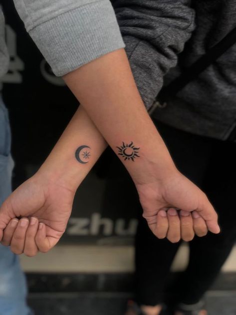 Matching Best Friend Tattoos Sun And Moon, Simplistic Couple Tattoo, Small Couple Tattoos Sun And Moon, Sun Tattoos For Guys, Matching Moon Tattoos Best Friends, Small Tattoos Couples Ideas, Couple Ideas Tattoo, Sun And Moon Tattoo Mom And Daughter, Cute Small Tattoos For Couples