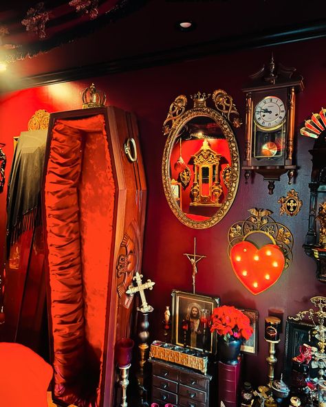 i call my thrifty thrifting and diy with gold spray paint Baroque Bat chic 🦇 . . #baroquebat #gothicstyle #vampiresinpolitesociety #red #vamp #queenie_black #queenie_pocketfullofposiez Burlesque Room, Vampire Decorations, Vampire Room, Art For Bedrooms, Vampire Decor, Halloween Office, Polite Society, Cabin Bedroom, Gold Spray Paint