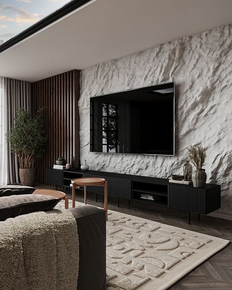 Stone Panelling On Wall, Tv Wall Industrial Style, Stone Wall Tv Living Room, Tv Stone Wall Design, Stone Tv Wall, Tv Area, Stone Wall Design, Living Room Wall Units, Tv Wand