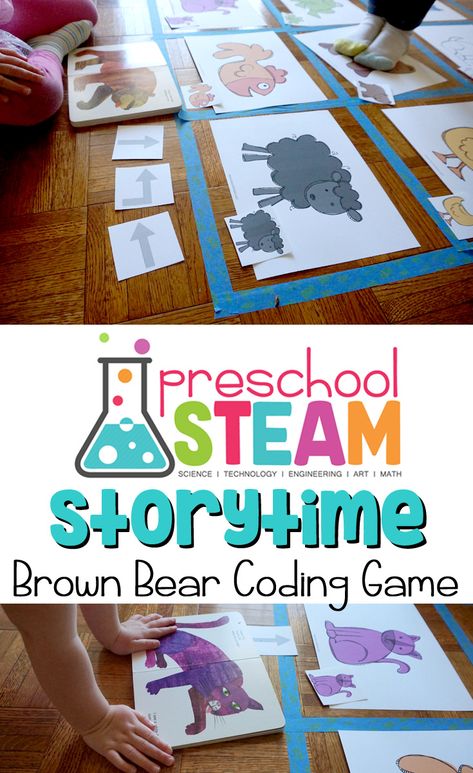 Screen-Free Brown Bear Coding Game for Preschoolers - Preschool STEAM - Storytime Steam Preschool, Coding For Preschoolers, Coding Preschool, Preschool Coding, Preschool Technology, Brown Bear Brown Bear Activities, Preschool Steam, Coding Activities, Games Preschool