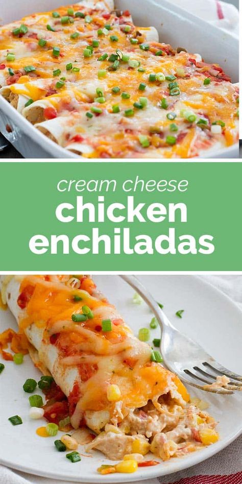 Mexican Enchiladas Chicken, Filling Chicken Recipes, Cream Cheese Chicken Enchilada Recipe, Chicken Enchiladas With Cream Of Chicken, Recipes For Leftover Rotisserie Chicken, Cheesy Chicken Enchiladas With Creamy Sauce, Chicken Enchiladas Cream Cheese, Chicken Mexican Recipes, Easy Cream Cheese Chicken