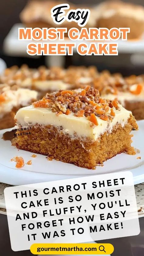 This Easy Moist Carrot Sheet Cake is the ultimate treat for dessert lovers. With a perfect balance of sweet carrots and a fluffy texture, this cake will become your go-to dessert for any occasion.  Surprise your taste buds – full recipe inside  #CarrotCake #SheetCake #EasyBaking #MoistCake #CarrotCakeRecipe #DessertLovers #CreamCheeseFrosting #HomemadeCake #BakingRecipes #YummyDesserts Carrot Sheet Cake Recipe, Carrot Sheet Cake, Carrot Recipes Dessert, Carrot Cake Recipe Homemade, Carrot Desserts, Sweet Carrots, Carrot Cake Bars, Carrot Cake Recipe Easy, Homemade Carrot Cake