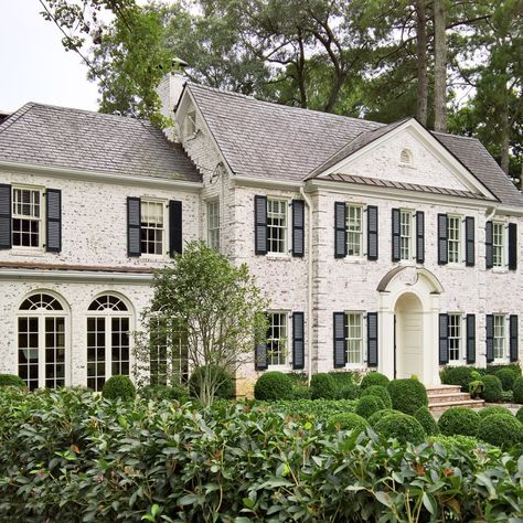 Whitewash Brick House, Brick House Trim, Limewash Brick Exterior, Brick Exterior Makeover, White Brick House, Whitewash Brick, Brick House Exterior Makeover, Lime Wash Brick, Colonial House Exteriors