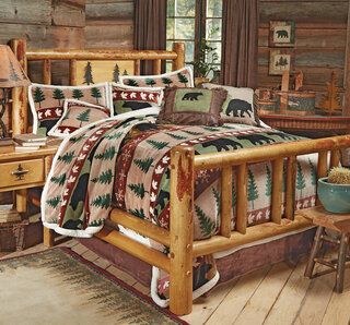 Log Bedroom, Rustic Bedding Sets, Black Bed Set, Bedroom Comforter Sets, Log Bed, Rustic Bedroom Furniture, Plush Bed, Black Forest Decor, Cal King Bedding