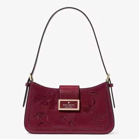 ♠️kate spade Reegan Botanical Embroidered Saffiano Shoulder Bag, Blackberry NWT Kate Spade Red Bag, Rings Beach, School Bag Essentials, Spade Logo, Metallic Pants, Satchel Backpack, Red Purses, Bag Essentials, Girl Things