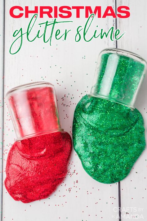 Get in the Christmas spirit with this glittery Christmas slime! Package them into containers making a fun stocking stuffer for kids. Slime Package, Christmas Slime, Cool Slime Recipes, Christmas Sunday School, Diy Christmas Candy, Slime Ingredients, Grinch Christmas Party, Diy Stocking Stuffers, Slime For Kids