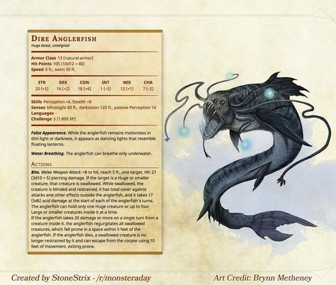 Dire Anglerfish Dnd Aquatic Monsters, Dnd Homebrew Creatures, Homebrew Monsters, Ocean Monsters, Dnd Monster, Monster Manual, Dnd Stats, Navi A Vela, Dungeon Master's Guide