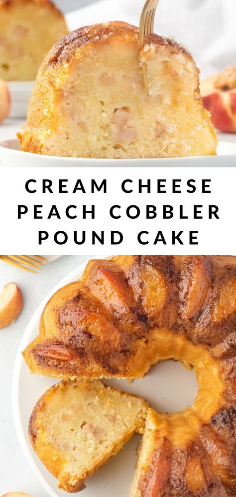 A slice of southern peach cobbler pound cake. Pound Cake With Cream Cheese, Candle Cakes, Peach Cobbler Pound Cake, Peach Pound Cakes, Southern Peach Cobbler, Peach Dessert Recipes, There's No Tomorrow, Peach Desserts, No Tomorrow