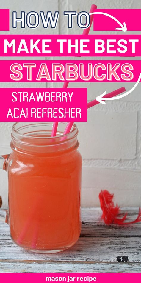 How to Make A Strawberry Acai Refresher (Starbucks Copycat) Refresher Dunkin Recipe, Diy Starbucks Strawberry Acai Refresher, Strawberry Refresher Starbucks Recipe, Starbucks Recipes Refreshers At Home, How To Make A Strawberry Acai Refresher, Strawberry Acai Lemonade Recipe, Acai Strawberry Refresher, Copycat Strawberry Acai Refresher, Homemade Strawberry Acai Refresher