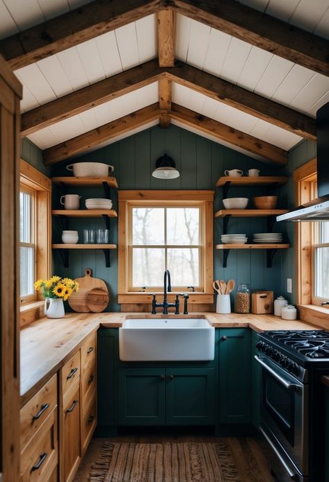 Rustic Cabin Kitchen Ideas for Tiny House Living: Maximizing Space and Style - DownsizeGeek Tiny Cabins Interiors Loft, Cabin Small House, Rustic Tiny Kitchen, Cabin Kitchen Modern, Shed House Kitchen, Cabin Walls Interior, Tiny Cabin Interiors Small Cottages, Green Cabin Kitchen, Tiny Lake Cabin