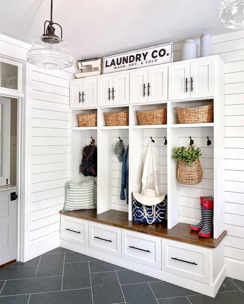 34 Mudroom Lockers to Declutter Your Entryway Modern Farmhouse Mudroom, Mudroom Remodel, Farmhouse Mudroom, Laundry Room/mud Room, Mudroom Lockers, Mudroom Decor, Mudroom Laundry Room, Ashley Home, Farmhouse Laundry Room