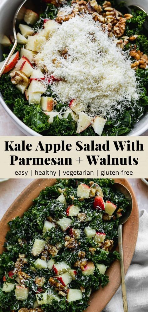 Simple Kale Apple Walnut Salad | Walder Wellness, Dietitian (RD) Kale Apple Salad, Crunchy Kale, Apple Delight, Massaged Kale Salad, Apple Walnut Salad, Parmesan Salad, Apple Salad Recipes, Massaged Kale, Apple Walnut