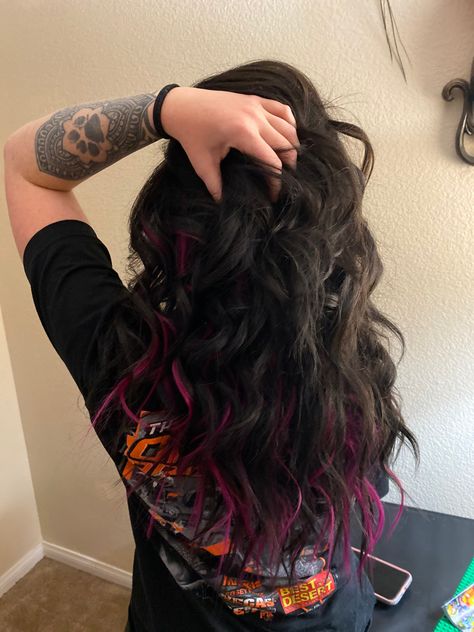 Black Hair With Pink Peekaboos, Black Hair Magenta Highlights, Dark Brown Hair With Pink Highlights Underneath, Dark Hair With Colored Ends, Black Hair With Peekaboos, Black Hair With Hot Pink Underneath, Jet Black Hair With Pink Highlights, Black With Pink Underneath Hair, Dark Brown Hair With Colored Peekaboos