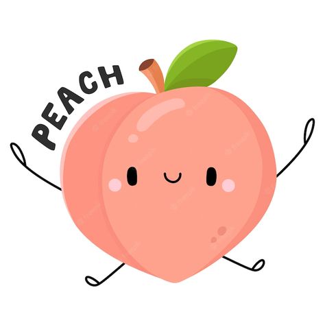 Peach Cute Drawing, Peach Illustration Cute, Peach Drawing Cute, Peach Vector, Food Mural, Peach Character, Peach Cartoon, Fruits Cartoon, Cartoon Peach