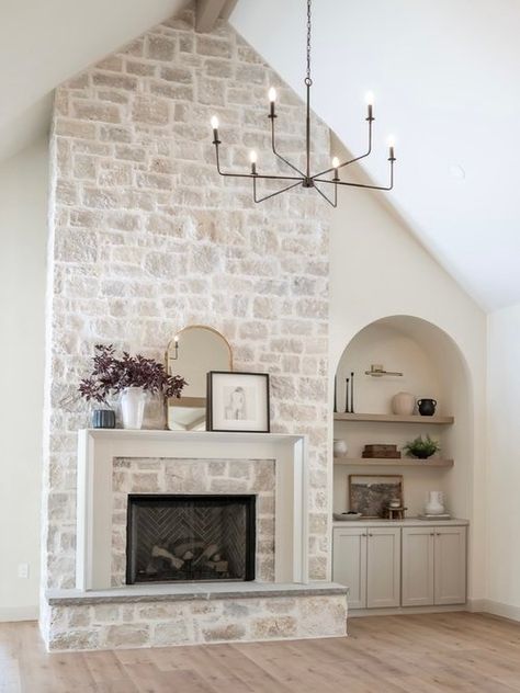 Gallery — Sutherland Home Limewashed Stone Fireplace, Affordable Fireplace Ideas, Great Room Fireplace With Built Ins, Stone Fireplace With White Mantle, Paint A Stone Fireplace, Mantel Update, White Stone Fireplaces, Cast Stone Fireplace, Cottage Fireplace