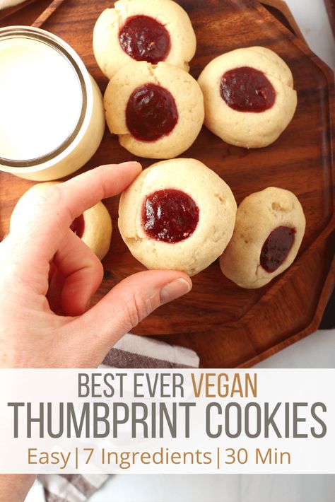 Vegan Raspberry Thumbprint Cookies, Vegan Thumbprint Cookies Recipe, Vegan Savory Cookies, Vegan Jam Cookies, Vegan Walnut Cookies, Vegan Christmas Cookie Recipes, Christmas Vegan Cookies, Easy Thumbprint Cookies, Vegan Thumbprint Cookies