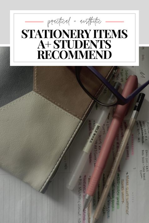 Text: practical and aesthetic stationery items A+ students recommend College Stationary, College Packing Checklist, College Freshman Survival Kit, Muji Pens, Freshman Advice, Freshman Tips, Items For College, Book Tabs, College Freshman