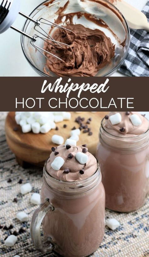 Cute Hot Chocolate Ideas, Spiked Frozen Hot Chocolate, Hot Chocolate Packet Recipes, Whipped Coffee Drinks, Hot Whipped Coffee, Fun Hot Chocolate Recipes, Frozen Drink Ideas, Whipped Chocolate Coffee, Hot Chocolate Float