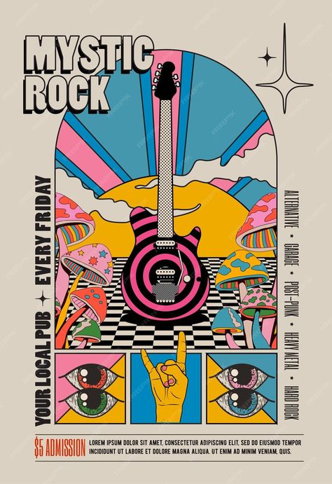 Premium Vector | Vector retro vintage styled psychedelic rock music concert or festival flyer or poster design template Music Festival Vibes, Band Branding Design, Cultural Festival Poster, La Olympics, Music Festival Branding, Pop Art Logo, Pop Music Poster, Band Logo Design, Poster Grafico