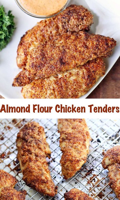 Two photos of almond flour chicken tenders. Almond Flour Chicken Tenders, Almond Flour Chicken, Chicken Tenders Oven, Baked Chicken Tenderloins, Gluten Free Sugar Free Recipes, Flour Chicken, Oven Baked Chicken Tenders, Eat More Chicken, Healthy Baked Chicken