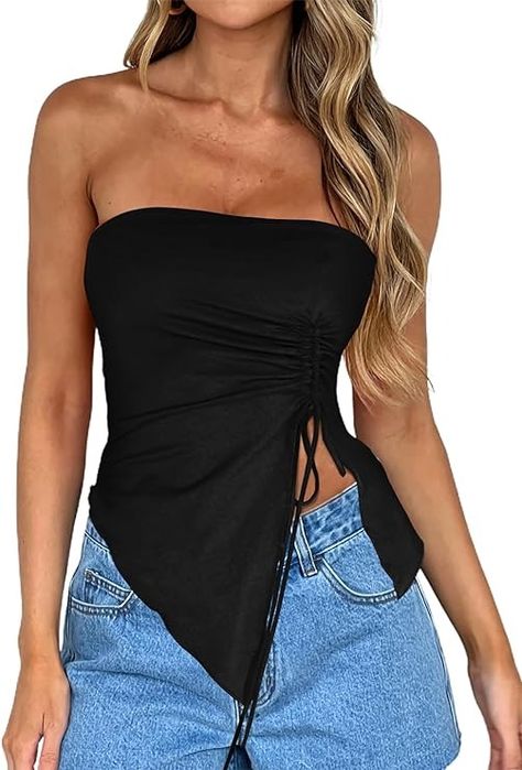 Amazon.com: CSDAJIO Women's Drawstring Ruched Side Asymmetrical Hem Tube Top Strapless Crop Top Going Out Shirt : Sports & Outdoors Top Frunce, Lace Tops For Women, Top Strapless, Going Out Shirts, Strapless Crop Top, Outfit Shop, Beachwear Fashion, Women Halter, Strapless Tops