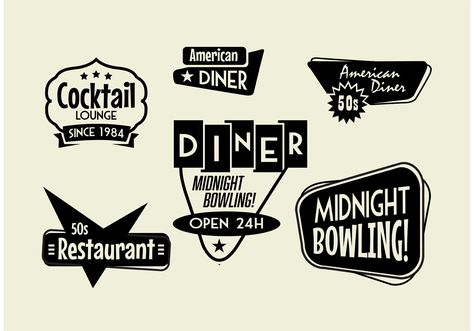 Isolated colorful 50s diner restaurant and other retro signs for drinks, bowling… Diner Branding, Diner Logo, Animated Intro, Mars Poster, Atomic Decor, Surf Baby, Cocktail Design, Diner Sign, Retro Signs