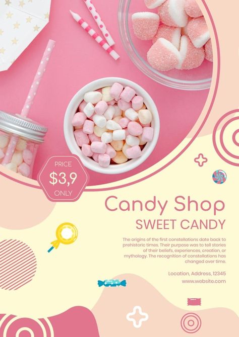 Candy Advertising Design, Sweet Poster Design, Candy Poster Design, Product Poster Design Marketing, Coquette 60s, Candy Posters, Sticky Candy, Candy Business, Advertisement Layout