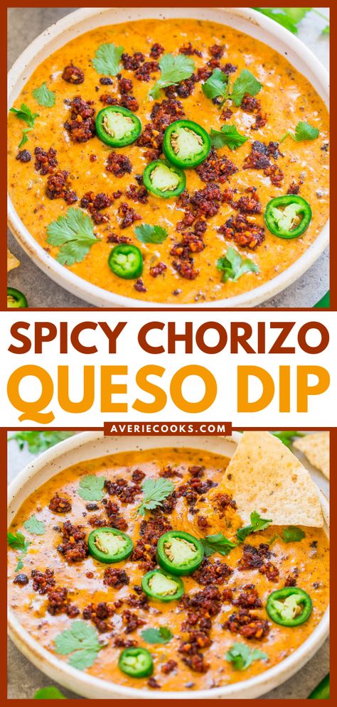 Spicy Chorizo Queso — No processed cheese in this EASY queso dip that's ready in 20 minutes!! Wonderfully spicy thanks to the chorizo! Great appetizer for holiday entertaining, parties, and game days!! Chorizo Cheese Dip, Chorizo Queso Dip, Spicy Queso Dip, Queso Dip Crockpot, Chorizo Dip, Chorizo Queso, Spicy Queso, Best Dip Recipes, Queso Dip Recipes