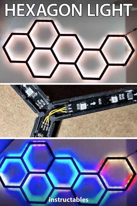 Quizcen shares how to make an LED hexagon light controlled by WLED and WS2811B diodes. #Instructables #electronics #technology #lighting #LED Wall Led Design, Led Diode Projects, Diy Led Lamp Ideas, Led Diy Projects, Led Strip Lights In Bedroom, Led Projects Diy, Led Board Design, Hexagonal Lights, Rgb Lighting Ideas