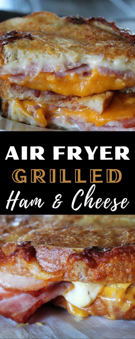 Easy weeknight meal or quick lunch - Air Fryer Grilled Ham and Cheese sandwich. Perfect buttery golden toasted bread, warm ham slices, melty cheese and a slather of fig jam for the ultimate savory-sweet flavor combo. Make this simple air fryer recipe in just 10 minutes with deli ham OR leftover holiday ham! #airfryerrecipe #airfryer #airfryerhamandcheese #airfryergrilledhamandcheese #airfryermeal #airfryerlunch #easyairfryerrecipe #agoudalife Grilled Ham And Cheese Sandwich, Ham And Cheese Toastie, Ham Slices, Fried Ham, Airfryer Recept, New Air Fryer Recipes, Grilled Ham And Cheese, Grilled Ham, Holiday Ham