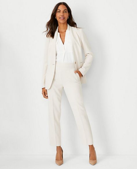 Olivia's Picks | Ann Taylor Collarless Blazer Women, Tailored Jackets For Women, White Blazer Wedding Outfit, Classic Women’s Fashion, Women’s Work Suits, Flight Attendant Interview Outfit Women, Monochrome Suit Women, Interview Suit Women, Women’s Business Clothes