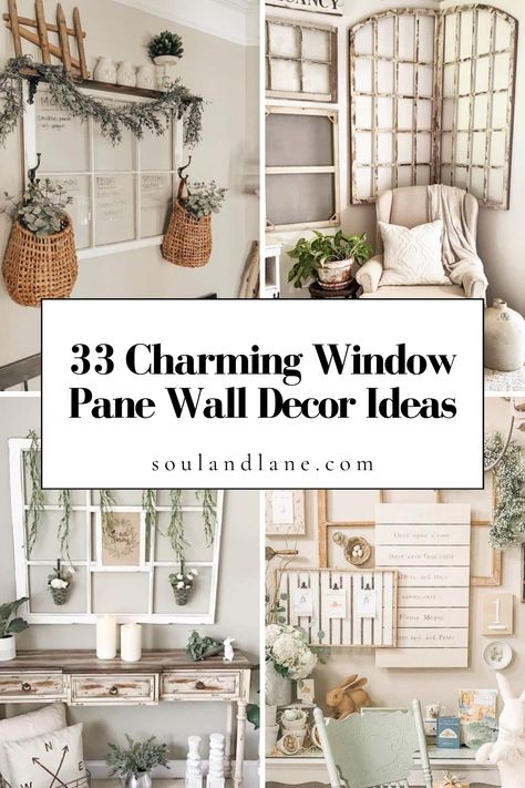 Dive into the timeless beauty of window pane wall decor, a creative endeavor that brings a piece of history and elegance into your home. Picture old window frames converted into artful displays for pressed flowers, vintage lace, or hand-painted scenes. Or imagine a paneled glass artwork that segments colorful landscapes or abstract art, offering a new perspective on traditional wall art. These window pane ideas are perfect for adding a touch of whimsy and nostalgia, creating a home that feels bo Old Windows Wall Decor, Window Frame Repurposed, Open Frames On Wall Ideas, Window Wall Decorating Ideas, 12 Pane Window Ideas, Farmhouse Window Frame Decor Ideas, Open Picture Frame Ideas, Vintage Window Decor Ideas, Window Frame Art Ideas