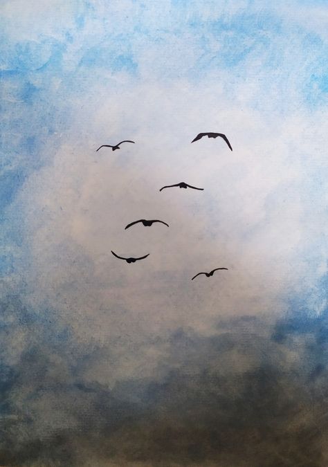 Painting Seagulls Flying, Birds In The Distance Drawing, How To Paint Seagulls Flying, Bird Art Easy, Flying Birds Watercolor, Bird In Sky Painting, How To Paint Birds Flying Easy, How To Paint Birds In The Sky, Watercolor Bird Flying