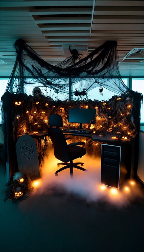 21 Spook-tacular Halloween Decoration Ideas to Elevate Your Haunt 🎃👻 - Laugh Lore Halloween Theme For Office, Office Haunted House Ideas, Cubicle Halloween Decorations Office, Halloween Office Themes, Halloween Cubicle Decor, Office Cubicle Decor Ideas, Cubicle Halloween Decorations, Halloween Desk Decor, Cubicle Decor Ideas