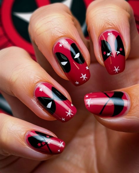 Wade Wilson’s Whimsical Nails: A Deadpool-Inspired Manicure! 💥🔴⚫️ Channeling my favorite anti-hero with this fun and cheeky Deadpool-inspired manicure! Featuring bold red and black colors with playful splashes of white, each nail showcases iconic elements like Deadpool's mask, crossed katanas, and even a few witty catchphrases. Perfect for those who love a little mischief in their style! Ready to break some nail art boundaries? 🦸‍♂️💅 #deadpoolnails #comicbookchic #nailart #nails #deadpool #in... Deadpool Inspired Nails, Marvel Nails Designs, Deadpool Nails, Cosplay Claws, Harley Quinn Nails, Whimsical Nails, Batman Nails, Marvel Nails, Pool Nails