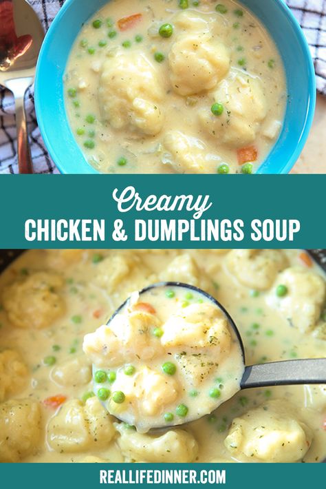 Creamy Chicken and Dumplings Soup ~ https://reallifedinner.com Chicken And Dumplings Soup, Chicken And Dumpling Soup, Dumplings Soup, Creamy Chicken And Dumplings, Chicken Dumpling Soup, Dumpling Soup, Winter Soup Recipe, Chicken Pot Pie Soup, Pot Pie Soup