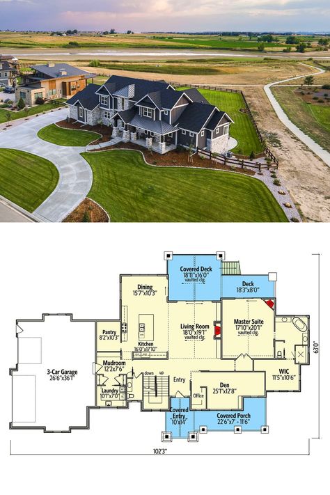 2-story, 4-bedroom, new American mountain house plan with open concept living and a loft. Shown is the almost 4000 sq.ft. floor plan's beautiful mountain home exterior and grand yard. This home plan also comes with a galley of its mountain homes interior. Have a look @homestratos for more of the best new American mountain house plans. This blueprint layout if available at Architectural Designs. 4000 Sq Ft House Plans Two Story Modern, 4 Bedroom Floor Plans 2 Story, 4000 Sq Ft House Plans Two Story, 4 Bedroom House Plans 2 Story, Three Family House Plans, 4000 Sq Ft House Plans, Large Family House Plan, Small Mansion, Loft Floor Plan