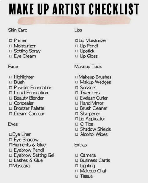 Basic Makeup List For Beginners, Makeup Notes Ideas, Mua Names Ideas, Makeup Essentials For Beginners List, Makeup Buisness Ideas, Makeup Prices List, Makeup Artist Service List, Makeup Artist Must Haves Products, Makeup Products Name List