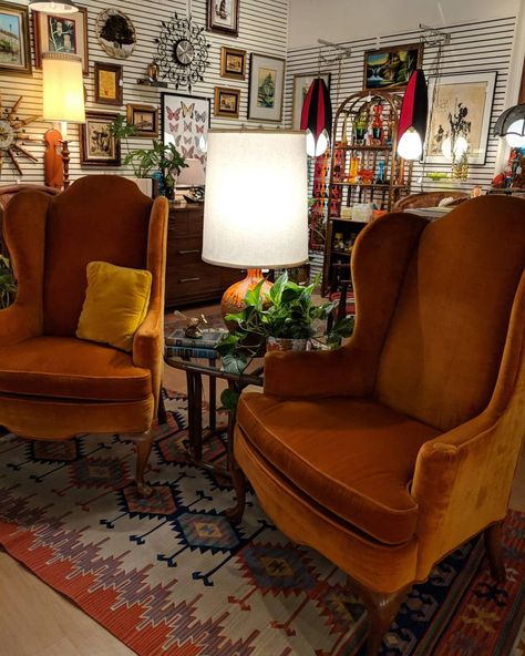 Gorgeous vintage modern bohemian orange velvet wingback chairs! Still available @Buckhorn_Vintage Wingback Chair Bedroom, Orange Wingback Chair, Wingback Chair Boho Living Room, Wingback Chair In Bedroom, Wingback Chair Fireplace, Yellow Wingback Chair, Orange Velvet Chair Living Room, Orange Velvet Armchair, Velvet Armchair Vintage