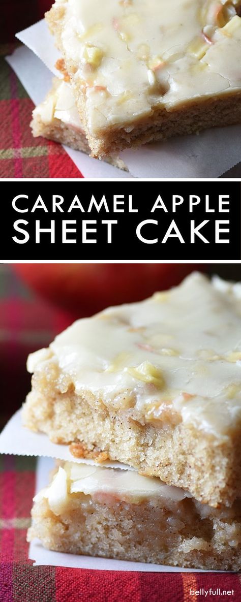 This Caramel Apple Sheet Cake is moist and buttery, with cinnamon and apples throughout. Plus a silky icing infused wth caramel flavor that is to die for! Caramel Apple Sheet Cake, Apple Sheet Cake Recipe, Apple Sheet Cake, Cake With Caramel Icing, Cake With Caramel, Caramel Icing, Easy Sweets, Diy Easy Recipes, Recipe Baking