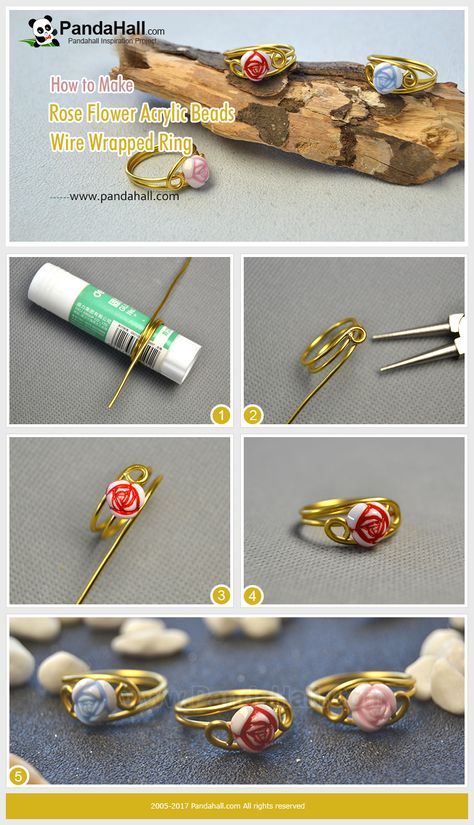 Anillo de alambre y flores Cincin Diy, How To Make Rose, Wire Jewelry Rings, Ring Wrap, Diy Jewelry Rings, Flower Acrylic, Diy Ring, Wire Wrapped Jewelry Tutorials, Wire Jewelry Tutorial