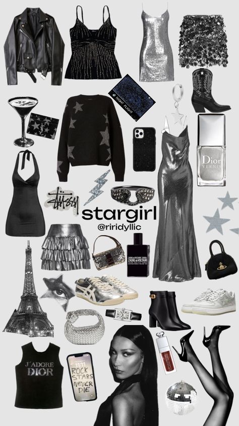 @riridyllic Star Themed Outfits, Girls Party Outfits, Stargirl Aesthetic, 00s Mode, Black Skirt Outfits, Silver Outfits, Black And Silver Dress, Star Clothing, Cute Star