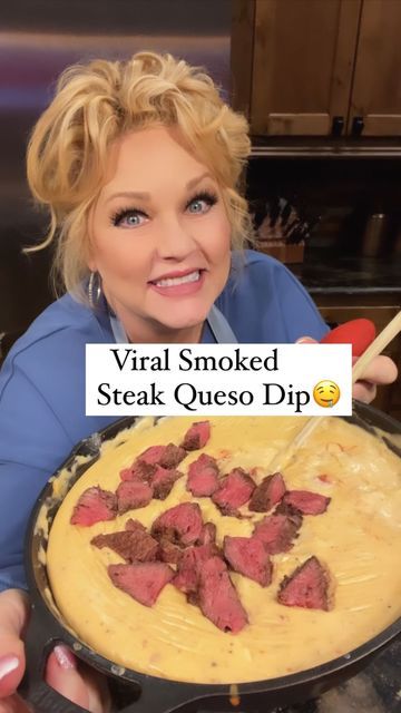 Ann Fisher on Instagram: "Viral Steak Queso🤤 Shout out to @thebkydpalate for this delicious recipe🙌🏻 8 oz cubed Velveeta Queso Blanco cheese 6 oz shredded cheddar Jack cheese 4 oz smoked Gouda 4 oz cream cheese 1 cup milk 1 can Rotel 1/2 yellow onion, chopped Steak seasoning (I used Kent Rollins) Salt & Pepper Mix Velveeta, cheddar jack, Gouda, cream cheese and about 1 tsp Kent Rollins seasoning. Cook @235 in smoker for 30-45 minutes. Add 1/2 cup milk and rotel, stir well and cook another 30 minutes. If you don't have a smoker, you can also cook this in the oven. Season steak generously on both sides with salt and pepper, and Kent, Rollins, or your favorite steak seasoning. Grill or cook in a skillet until your preferred temp. Grill onions in a bit of butter or bacon grease, adding Steak Queso Dip, Smoked Steak Queso, Smoked Queso Dip With Steak Bites, Cheese Dip In Smoker, Smoked Queso Dip Oven, Smoked Queso Dip On Pellet Grill, Queso On Smoker, Grill Onions, Velveeta Queso Blanco