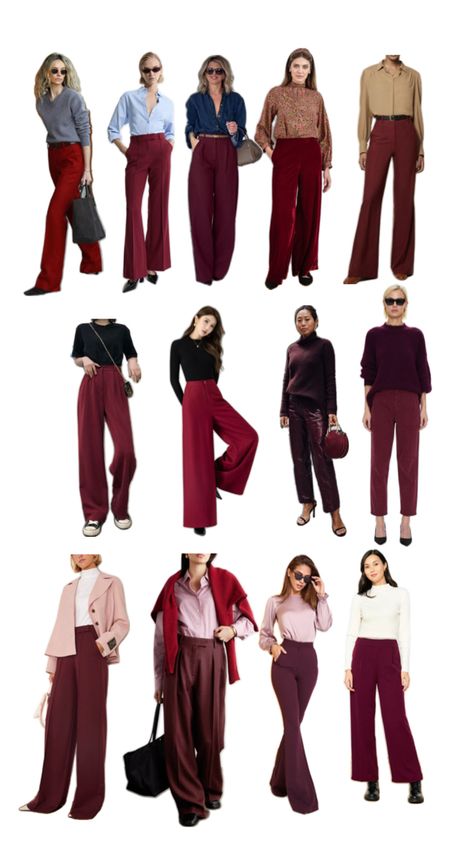 Burgandy Pants Outfits, Outfit Pantalon Vino, Burgundy Pants Outfit, Pants Outfit Work, Burgundy Trousers, Casual Work Outfits Women, Winter Pants Outfit, Colour Combinations Fashion, Burgundy Outfit