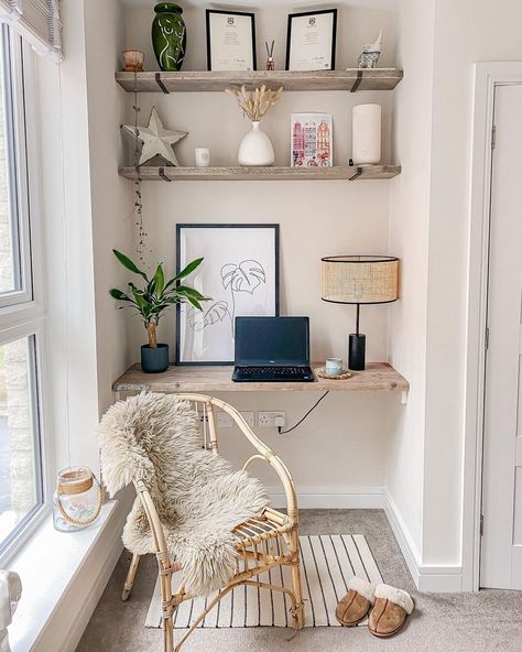 10 alternative alcove shelving ideas you're going to love | Fifi McGee Alcove Desk, Bedroom Alcove, Spare Room Office, Alcove Ideas Living Room, Alcove Shelves, Guest Bedroom Home Office, Desk And Shelves, Alcove Shelving, Bedroom Workspace