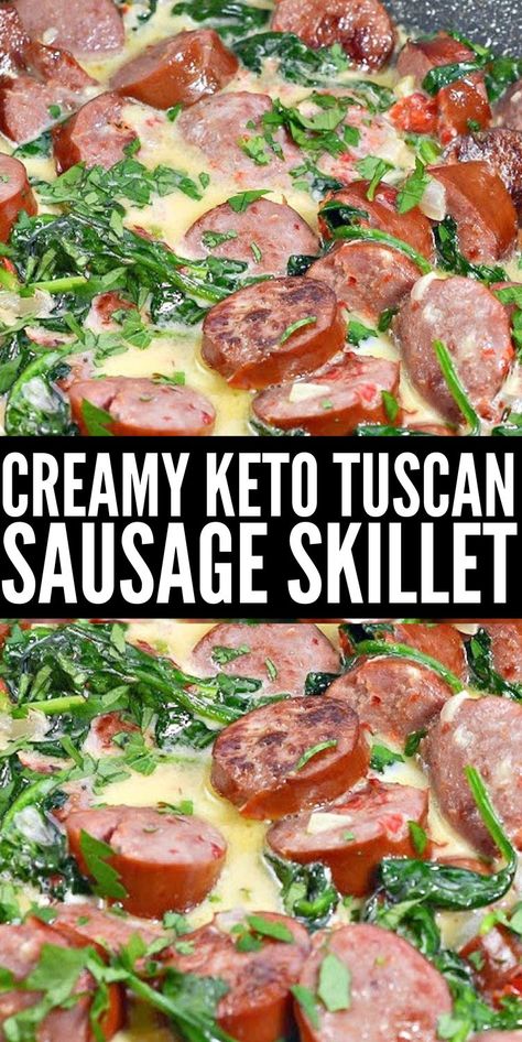 Creamy Keto Tuscan Sausage Skillet #creamyketotuscansausageskillet #tuscansausageskillet Keilbasa Recipes Pasta Spinach, Low Carb Meals With Kielbasa, Keto Meals With Kielbasa, Spinach And Kielbasa Recipes, Keto Recipes Smoked Sausage, Keto Sausage Recipes For Dinner, Keto Recipes Italian Sausage, Paleo Kielbasa Recipes, Simple Keto Salads