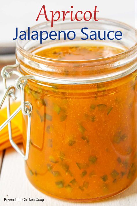 A glass jar filled with an apricot sauce with finely diced jalapenos. Apricot Sauce Recipe, Apricot Sauce, Apricot Jam Recipes, Sauce Tartare, Jalapeno Sauce, Apricot Recipes, Sweet And Spicy Sauce, Jelly Recipes, Apricot Jam