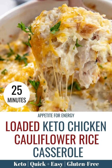 Baked to perfection, KETO Chicken Cauliflower Rice Casserole is loaded with 2 cheeses, crispy bacon, cauliflower rice and rotisserie chicken making the healthiest and quickest low-carb cauliflower bake you'll find. This simple and easy keto family dinner or side dish will be on the table in under 30 minutes. Great for gluten-free, ketogenic, low carb and diabetic diets. #ketocauliflowerrecipes #cauliflowercasserole #cauliflowerbake #glutenfree #ketogenic Keto Chicken Cauliflower Rice, Chicken Cauliflower Rice Casserole, Chicken Cauliflower Rice, Cauliflower Rice Casserole, Cauliflower Bake, Bacon Cauliflower, Chicken Cauliflower, Keto Casserole, Low Carb Casseroles